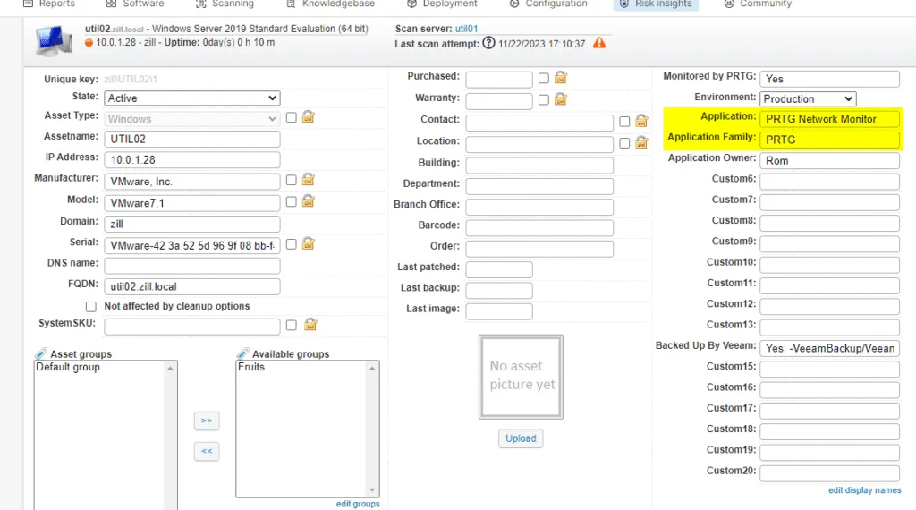 Asset custom field PRTG on-prem