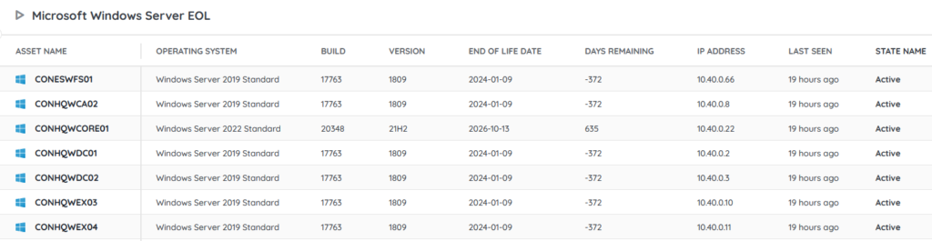 Windows Server EOL report example