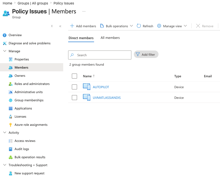 azure entra policy issues group members