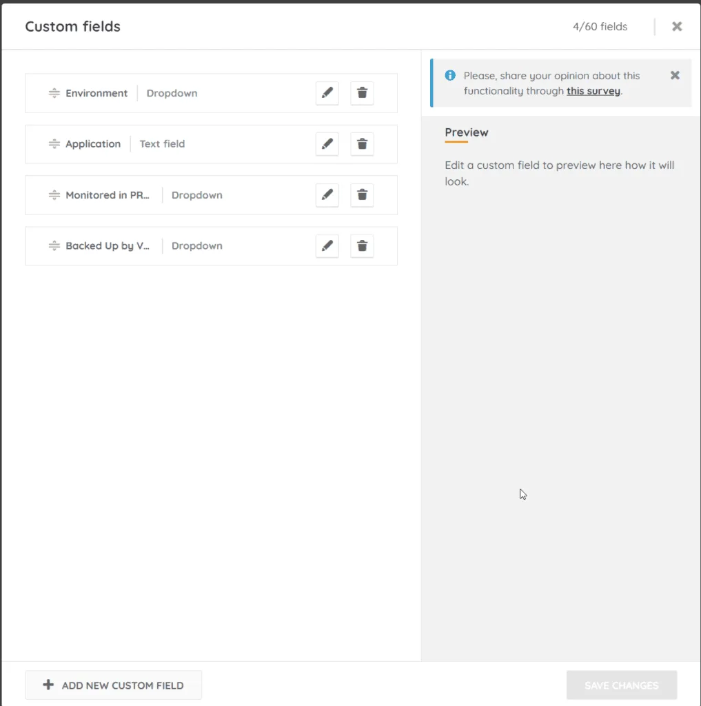 Lansweeper Sites (Cloud Version) Custom Fields: (Inventory > Custom Fields)