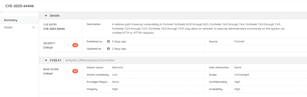 Fortinet FortiWeb Vulnerability CVE-2025-64446 Risk Insights