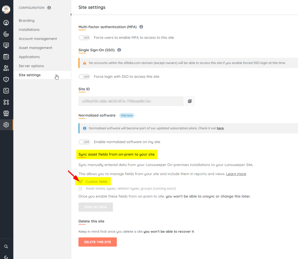 Lansweeper Sites Enable Custom Fields