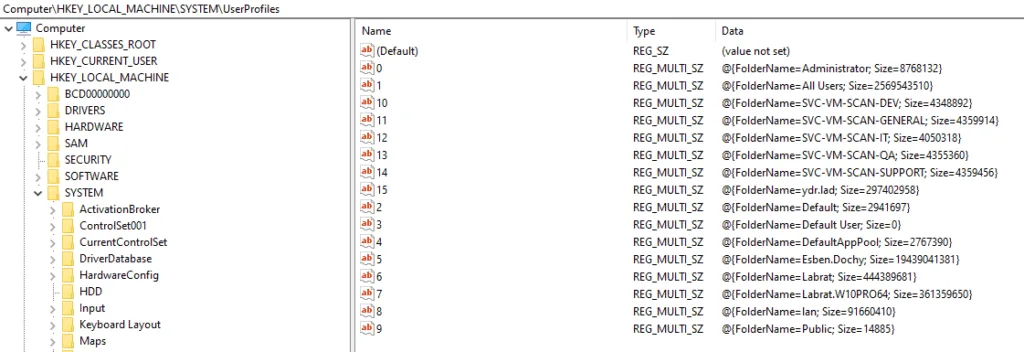 User profiles registry keys